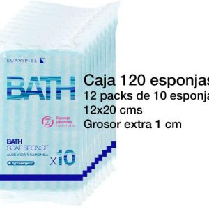 Caja con 120 esponjas jabonosas desechables con grosor extra de 1 cm. Impregnadas con jabón dermatológico aroma Aloe Vera y Camomila.