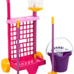 ColorBaby 40594 - Juego de imitación, carrito de limpieza con cubo, escoba, recogedor y fregona, Color Rosa y Violeta